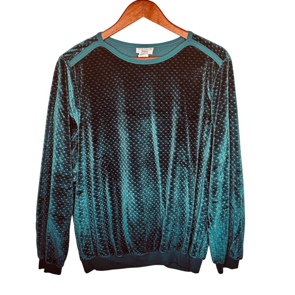 Vintage Sears Dark Green Velour Textured Sweatshirt Dark Academia Whimsy Goth